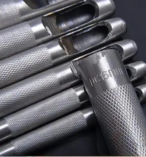 Close-up of Harden Pro Hollow Hole Punch Set showing CRV steel punches with textured grips and visible 16mm size marking.