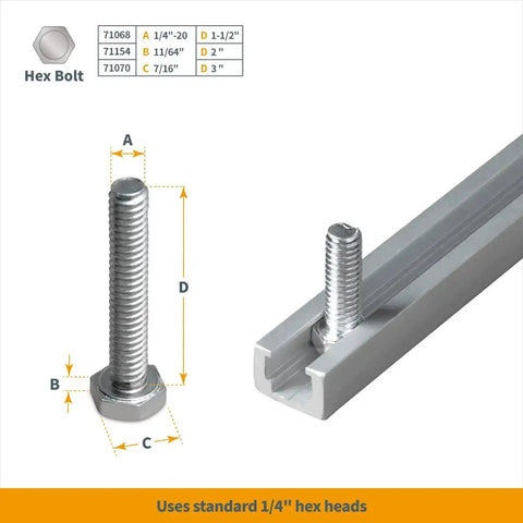Hex bolt next to Heavy Duty 48 Inch Aluminum T Track Set For Woodworking, T Slot Rail That Accepts Standard Quarter Inch By Twenty Hex Bolts