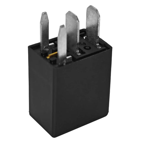 Close-up of black 12V DC 35 Amp Four Pin General Purpose Automotive Relay for high current electrical switching, U15 model.
