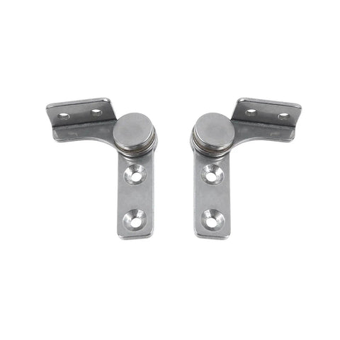 Front view of two stainless steel flip hinge dampers with screws
