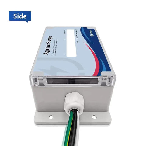 Side view of Heavy Duty Whole House Surge Protector Rated At 140,000 Amps That Safeguards Your TV, Computer, Smart Appliances, HVAC And More, Easy Install Plug And Play Home Surge Guard For Solid Peace Of Mind