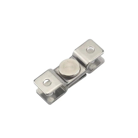 Close-up of stainless steel damping torque hinge with two mounting plates and central pivot.