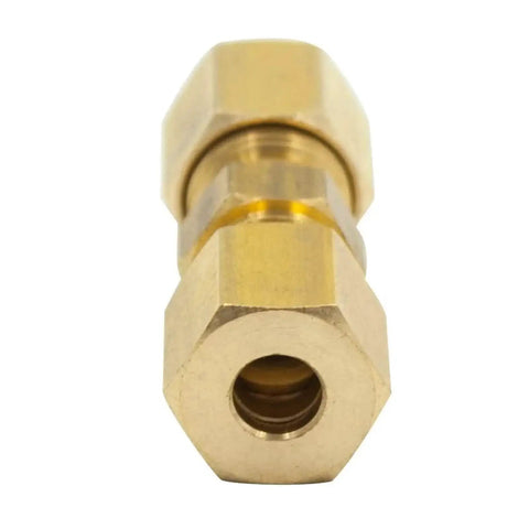 Close-up of brass fitting from Brass Compression Tube Fitting Union Coupling Kit For Automotive Hydraulic Braking Systems, Six Size Assortment