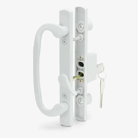 Keyed Sliding Patio Door Handle Set For Legacy And Sash Controls Fits P N 2265 With Forty Five Degree Keyway Without Mortise Lock Three Fifteen Sixteen Inch Hole Centers Non Handed White Diecast B Position For Doors One And A Half To Two Inches Thick visible in the image