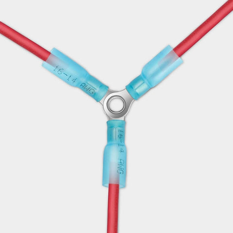 Heavy Duty Waterproof 3 Way Wire Connector Kit For Automotive And Marine Use With 20 Piece Heat Shrink Y Ring Butt Terminals Includes 22 10 AWG Wires Plus 12 10 AWG 16 14 AWG And 22 16 AWG Sets For Versatile Crimp Connections visible in close-up, showing color-coded connectors.
