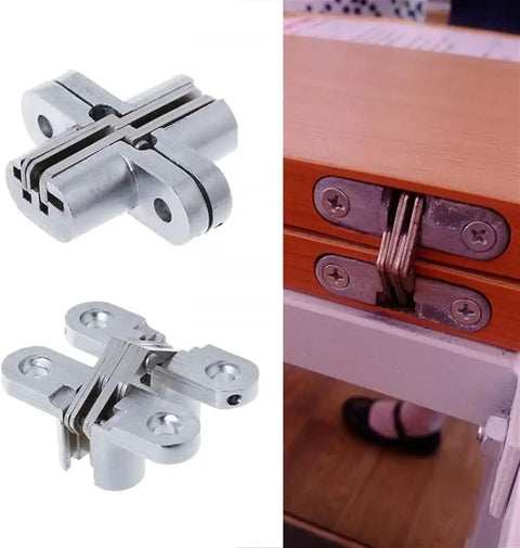 Hidden Cross Hinge for Concealed Mortise Doors, 180 Degree Folding Opening, Alloy Construction, shown detached and installed.
