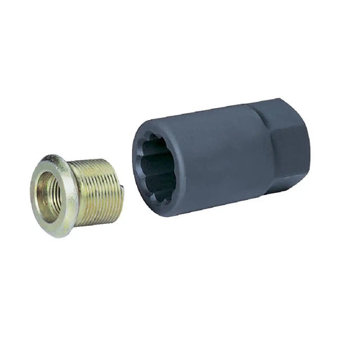 1-1/8 Inch Inner Cap Nut Remover For Broken 13/16 Inch Square Nuts Hex Drive, metal tool and nut, side view, gray and silver finish