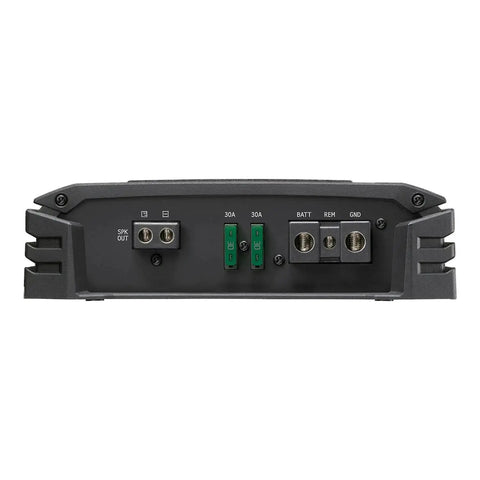 Rear view of SA60M S Series Class D Monoblock Subwoofer Amplifier Delivers 600 Watts RMS Preamp And Speaker Level Inputs Variable Bass Boost.