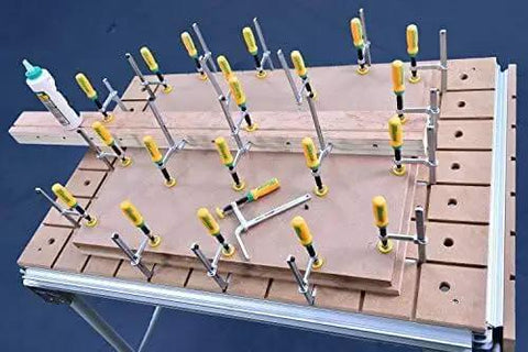 Matchfit Dovetail Clamps Set With Soft Grip Handles Two Piece Two Pack For Precise Routing Fences on a workbench.
