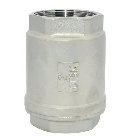 Megairon 2in NPT female check valve, spring-loaded inline, low cracking pressure, SS316 CF8M stainless steel