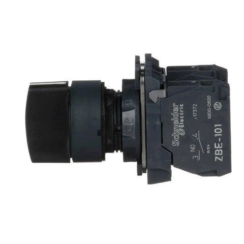Side view of Harmony XB5 Selector Switch for industrial machinery with plastic bezel, 3 positions stay put operation, 2 NO contacts.