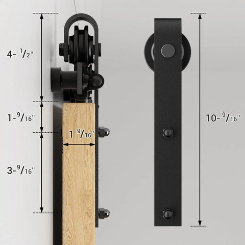 Side view of Six Foot J Shape Sliding Barn Door Hardware Kit For A Single Wooden Door With Frosted Black Finish Track System Vintage Closet Hardware Great For Doors Up To 36 Inches Wide And 330 Pound Capacity showing installation measurements.