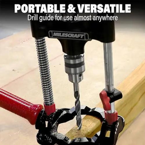 Portable Drilling Guide Attachment For Straight And Angled Holes With Adjustable Angle, drilling into wood, close-up view.