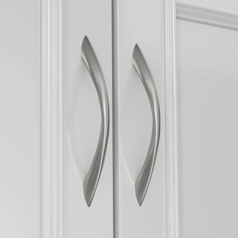 Brushed Nickel Cabinet Pulls 10 Pack Arch Twisted Drawer Handles 3 Inch Hole Center 76mm installed on white cabinet doors