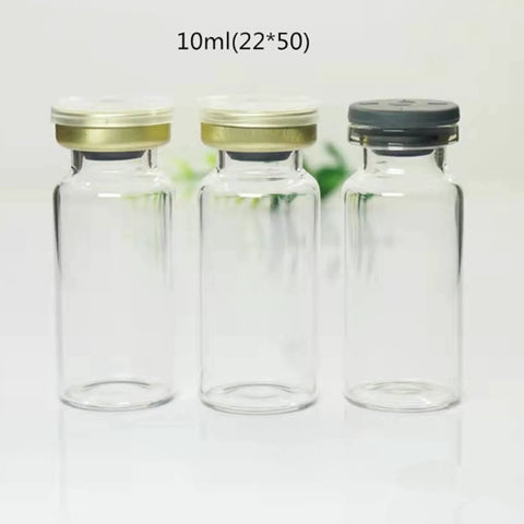 DIELLY 10ml glass vials with flip-off aluminum caps; front view of three transparent sterile lab sample bottles.