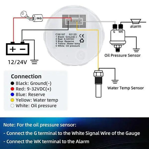 Wiring diagram for All In One 3 In 1 Boat Gauge Kit with sensors for water temp, oil pressure, and voltmeter, showing connections.