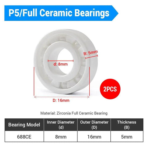 Full Ceramic Bearing Set 2 Pcs 688CE 8x16x5mm, zirconia ceramic construction, front view showing dimensions and specifications