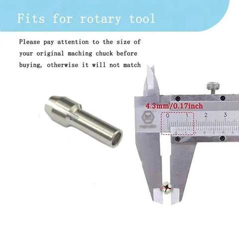 Quick Change Rotary Collet Set With Clamping Nuts 9Pcs showing stainless steel collet beside caliper measuring 4.3mm diameter