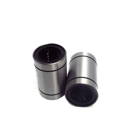 12 Pack 8mm Linear Bearing Set for 3D Printers and CNC Machines, Low Friction LM8UU Style Bushings, close-up view of two bearings.