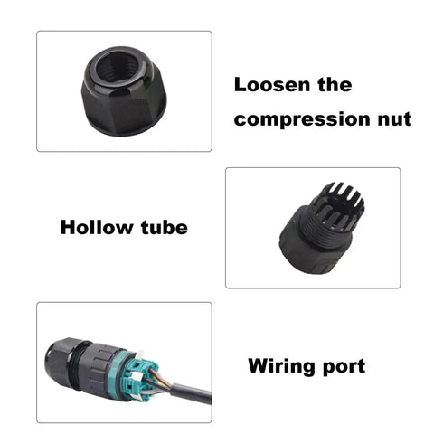 Components of Waterproof Junction Box Cable Connector M25 4Pin IP68 Outdoor Electrical Box, including nut, tube, and wiring port.