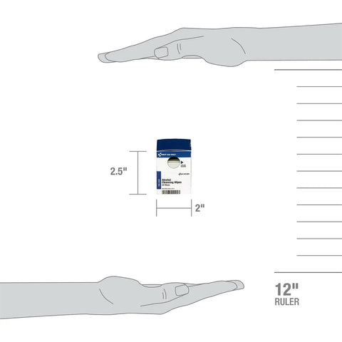 OSHA Compliant Extreme Heat Must Have First Aid Kit component size guide, showing 2.5" x 2" dimensions with hands and 12" ruler for scale.