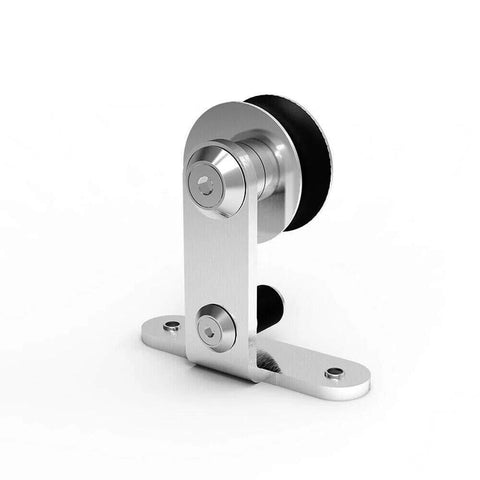 Close-up of 7 Foot Stainless Steel Sliding Door Hardware Kit component for Single Wooden Door Top Mount Track System Fits 42 Inch Wide Panels