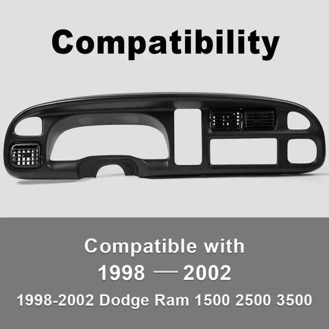 Dashboard Bezel Cover For Dodge Ram 1998 To 2002 Instrument Panel, black plastic, front view showing compatibility details.