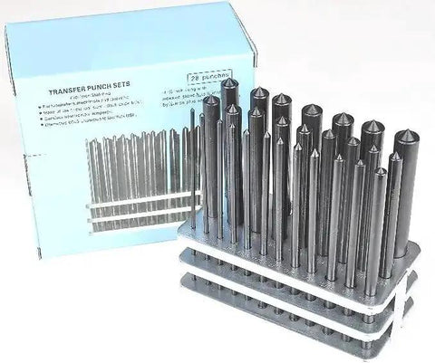 28 Piece Transfer Punch Set For Precise Hole Layout And Transfer, Ranging From 3/32 To 1/2 Inch By 64ths And 17/32 Inch, with box view