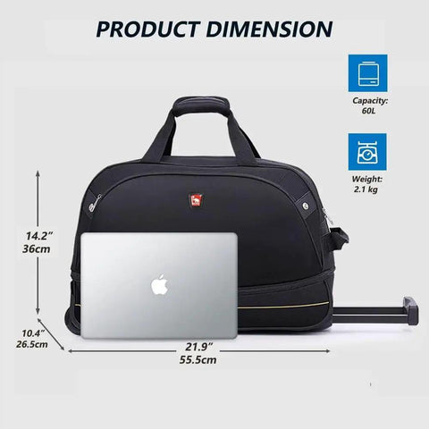 22 Inch Rolling Duffel Bag With Wheels For Weekend Travel And Carry On, showing dimensions with a laptop for scale, black color