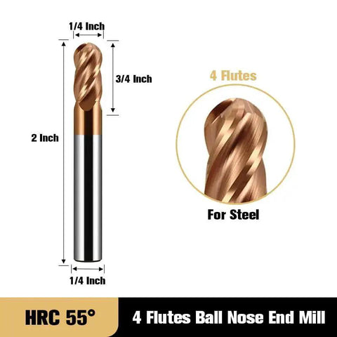 One Quarter Inch Carbide Ball Nose End Mill Bit With Four Flutes TiN Coated For Alloy Steels And Hardened Steels Two Inch Overall Length One Quarter Inch Shank Durable Tungsten Carbide Router Bit For Precision Milling
