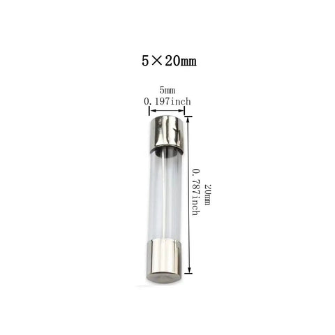Close-up of a 5x20mm glass fuse with measurements for Inline Screw Type 16 AWG Fuse Holder Kit With 10 Pieces And 100 Pieces Of Quick Fast Blow Glass Fuses 5x20mm For Automotive Electrical Projects And DIY Wiring.