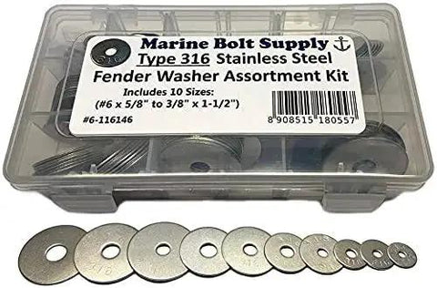 316 Stainless Fender Washer Assortment Kit For Marine Hardware, 180-Piece Premium Set in plastic case showing 10 popular sizes