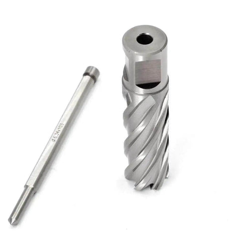 Beefy Weldon Shank Annular Cutter Three Quarter Inch Shank With Thirteen Sixteenth Inch Diameter And Two Inch Cutting Depth For Magnetic Drill Press Slugger HSS Kit By JESTUOUS, front view with accessory