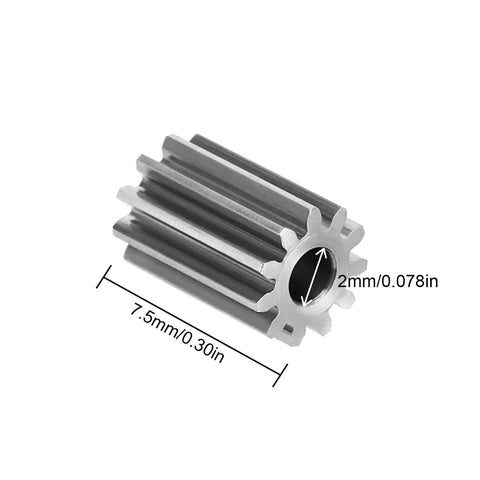 Stainless Steel 11T Motor Pinion Gear for 1721 Purple Viper Brushless Motor 0.4 Mod 2mm Shaft Two Pack, close-up view.