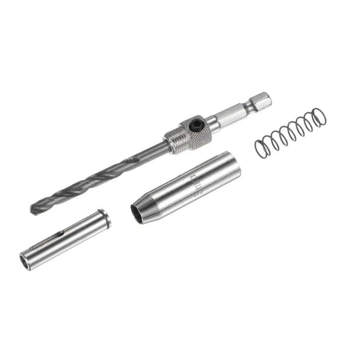 Self Centering Hinge Tapper Core Drill Bit Set Pro Grade With One Quarter Inch Hex Shank For Opening Holes In Woodworking 5 Mm Diameter 110 Mm Length Two Pack Silver Tone shown disassembled with hex shank and spring