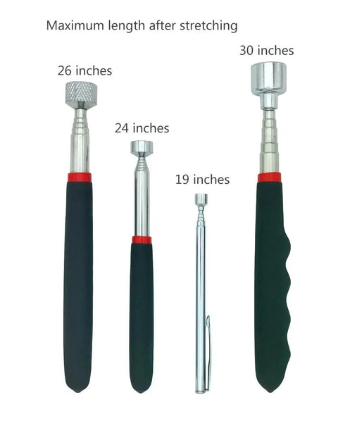Magnetic Pickup Tool Set Telescoping Four Pack With 20 Lb 10 Lb 5 Lb And 1.5 Lb Magnets For Metal Debris Recovery In Tight Spaces Heavy Duty Extendable Wand Ideal For Car Garage Workshop showing 30, 26, 24, and 19 inch magnets.