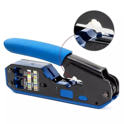 Pro Grade All In One Ethernet Crimp Tool Kit For RJ45 Cat5e Cat6 Pass Through Connectors shown with close-up on cutting blade.