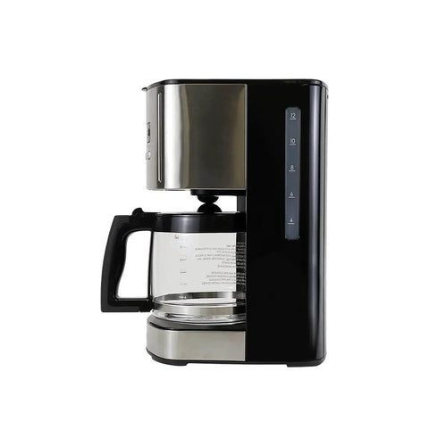 Side view of 12 Cup Programmable Drip Coffee Maker with Glass Carafe No Mess Auto Shut Off Pause And Serve Large Water Reservoir Reusable Gold Tone Filter Carbon Filter Keeps Coffee Warm Black Kitchen Appliance
