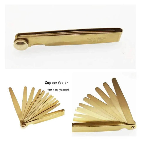 Brass Feeler Gauge Set 0.03 To 1.0 Mm High Precision Clearance Gauge Non Magnetic Copper Feelers with multiple brass leaves displayed.