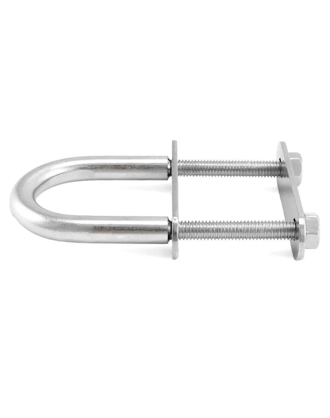 Four Pack 304 Stainless Steel U Bolts M6 x 90mm With Nuts And Plates For Boat Decks, side view showcasing rust-resistant deep threaded design.