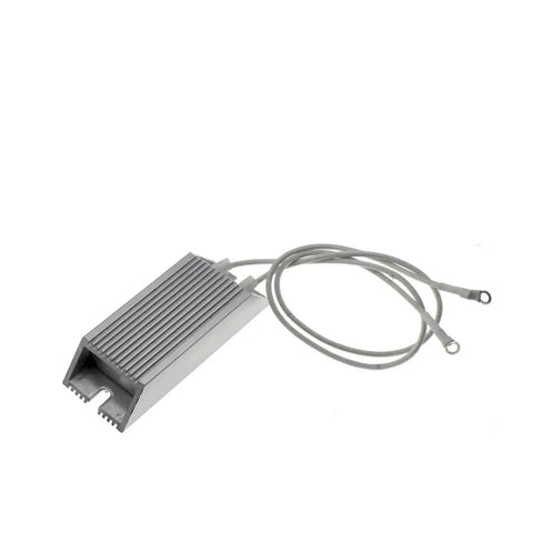 Aluminum-cased fixed resistor module with finned heatsink and ring-terminal leads