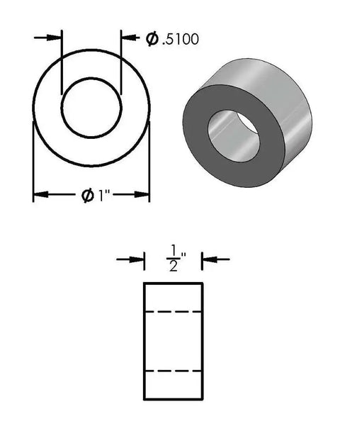 One Inch Aluminum Spacer For Fast No Fuss Mounts With Half Inch Inner Diameter Round Standoff Unthreaded Bushing Plain Finish
