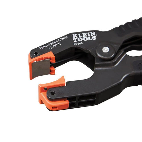 K-Type pipe temperature clamp thermometer, HVAC tool, Klein Tools 69140 with orange jaws and black handle