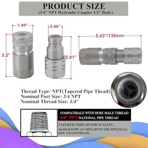 3/4 in NPT hydraulic quick-connect coupler set, flat-face fitting, silver metal, ISO 16028 compatible with Bobcat skid steer