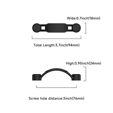 Diagram of 10 Pack 3 Inch Matte Black Cabinet Handles, showing 76mm screw hole distance, 94mm total length, 18mm width.