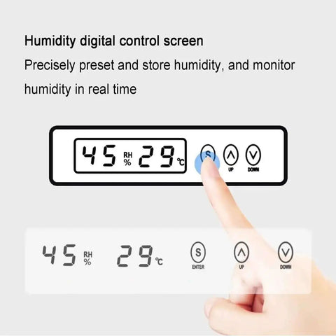 Finger adjusting humidity digital control screen on All In One 70L Filament Dryer Box For 3D Printing Auto Humidity Sensor Dehumidify With PTC Heating Holds 10 To 12 Rolls Of 1Kg Filaments Anti Moisture Storage Keeps Spools Dry And Ready To Print