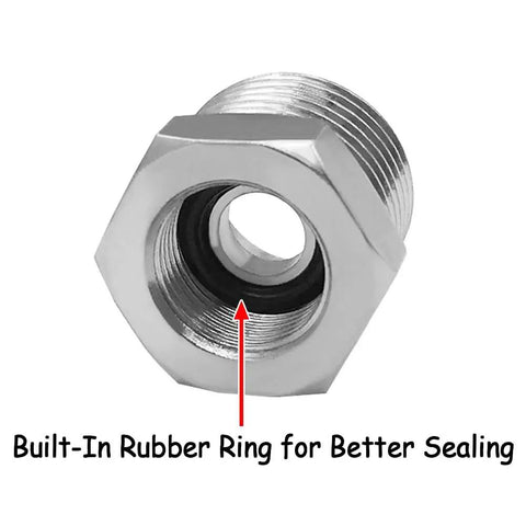 Close-up of Three Piece Water Line Adapter Set Half Inch Male To Three Eighths Inch Female Reducer Brass Nickel Plated with rubber washer