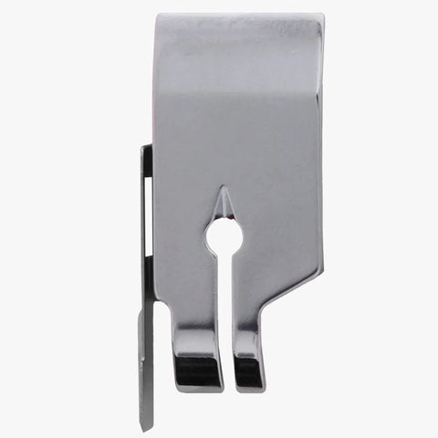 Close-up of metal 1/4 inch snap-on presser foot with guide for sewing machines