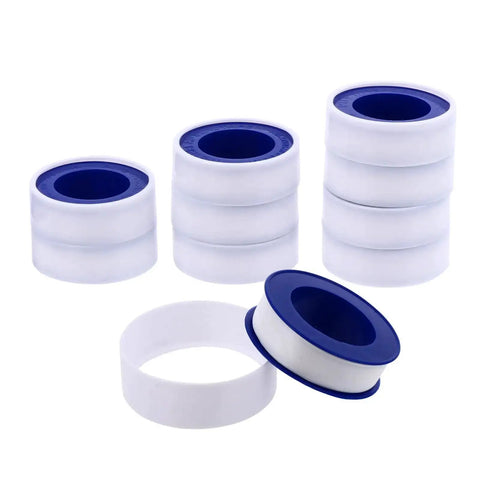 30 Pack High Temp PTFE Plumber Tape That Seals Leaks Like A Boss For Everyday DIY Home Plumbing Leaks And Airtight Seals Non Flammable Tape For Faucets And Pipe Fittings, showing multiple rolls of white tape with blue cores