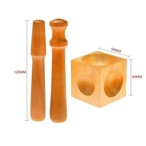 Square Wood Dapping Block Punch Kit For DIY Doming Shaping And Stamping Jewelry Blanks Perfect For Copper Gold Silver Aluminum Sheets Includes 1 Block And 2 Punches Concave Block For Smooth Forming, shown with measurements.